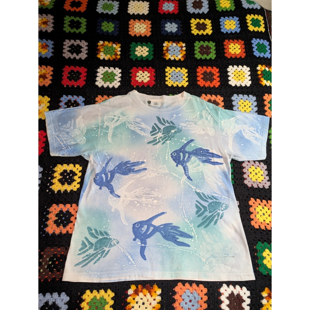 Y2K Vintage Tie Dye Fish Shirt Large AOP Underwater Ocean Seascape